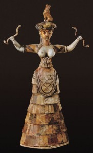 Faience statuette of a Snake Goddess, unearthed in the palace at Knossos, Crete, 1600 B.C. from: https://www.oneonta.edu/faculty/farberas/arth/Images/ARTH209images/minoan/snake_goddess.jpg